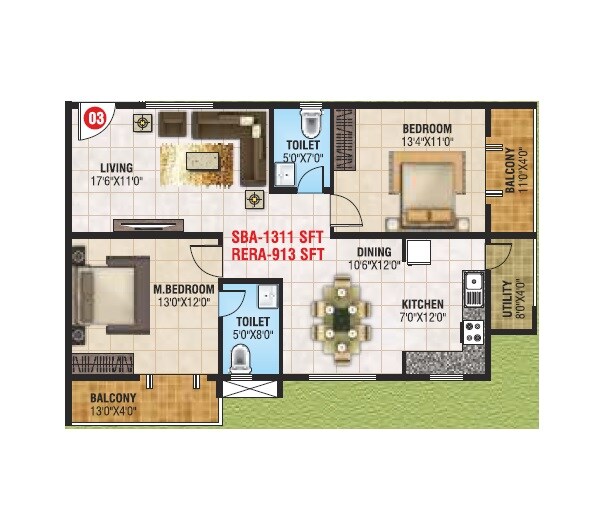 Floor plan of 2 BHK 1311 Sq. Ft. Apartment in Mangala Elite, Bangalore