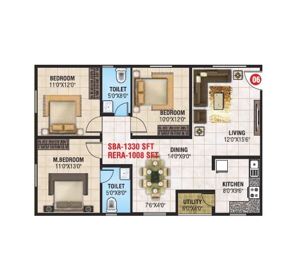 Floor plan of 3 BHK 1330 Sq. Ft. Apartment in Mangala Elite, Bangalore
