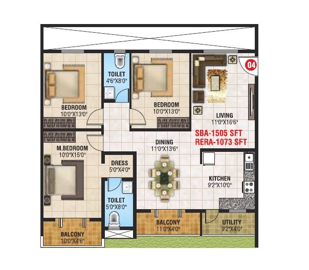 Floor plan of 3 BHK 1505 Sq. Ft. Apartment in Mangala Elite, Bangalore