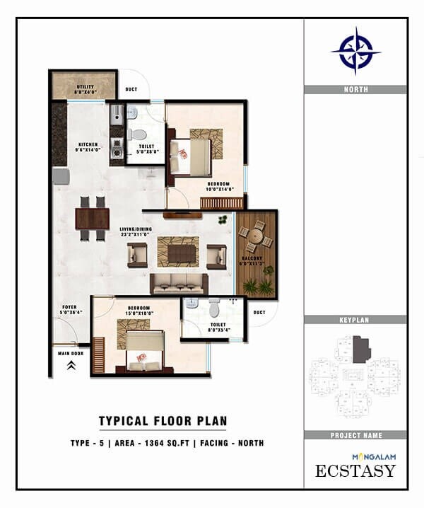 Floor plan of 2 BHK 1364 Sq. Ft. Apartment in Mangalam Ankshu Ecstasy, Bangalore