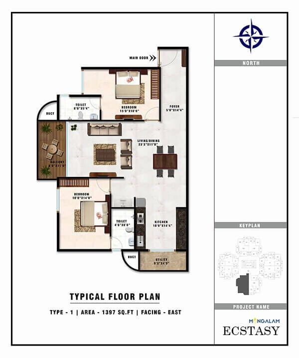 Floor plan of 2 BHK 1397 Sq. Ft. Apartment in Mangalam Ankshu Ecstasy, Bangalore