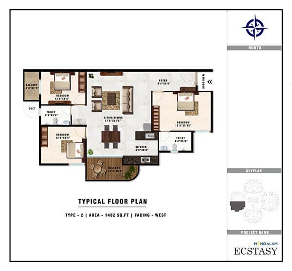 Floor plan of 3 BHK 1452 Sq. Ft. Apartment in Mangalam Ankshu Ecstasy, Bangalore