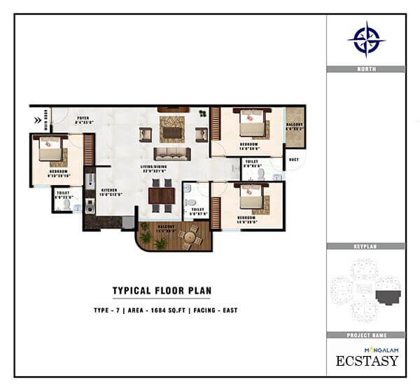 Floor plan of 3 BHK 1684 Sq. Ft. Apartment in Mangalam Ankshu Ecstasy, Bangalore