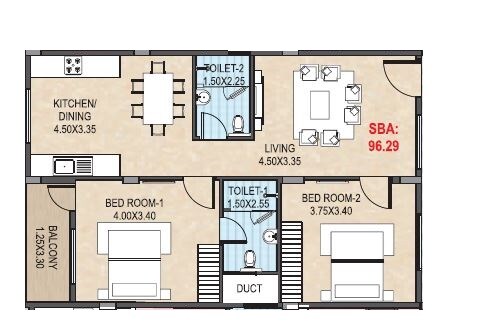 Floor plan of 2 BHK 1036 Sq. Ft. Apartment in Manito Northlite, Bangalore