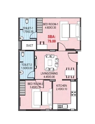 Floor plan of 2 BHK 850 Sq. Ft. Apartment in Manito Northlite, Bangalore