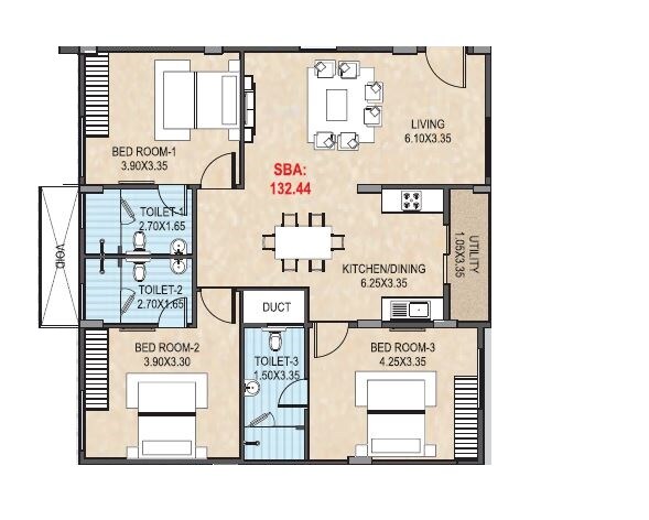 Floor plan of 3 BHK 1425 Sq. Ft. Apartment in Manito Northlite, Bangalore