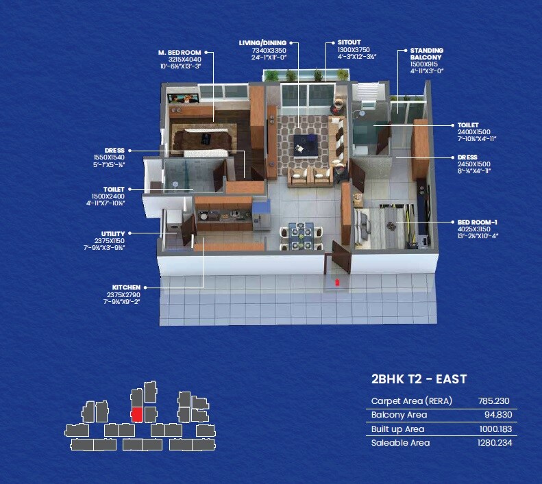 Floor plan of 2 BHK 1280 Sq. Ft. Apartment in Manjeera Newyork, Bangalore