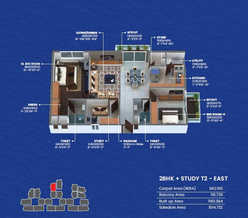 Floor plan of 2 BHK 1514 Sq. Ft. Apartment in Manjeera Newyork, Bangalore