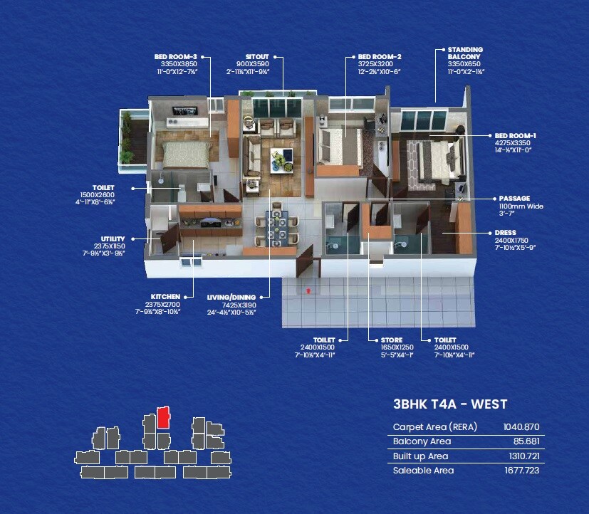 Floor plan of 3 BHK 1677 Sq. Ft. Apartment in Manjeera Newyork, Bangalore