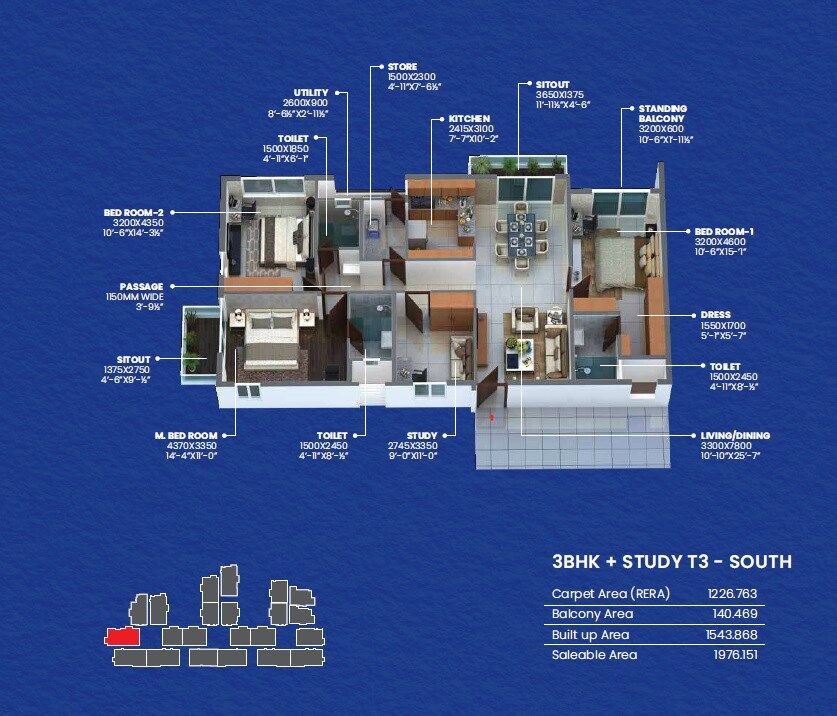 Floor plan of 3 BHK 1976 Sq. Ft. Apartment in Manjeera Newyork, Bangalore