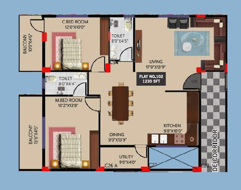 Floor plan of 2 BHK 1230 Sq. Ft. Apartment in Manjunatha Classic, Bangalore