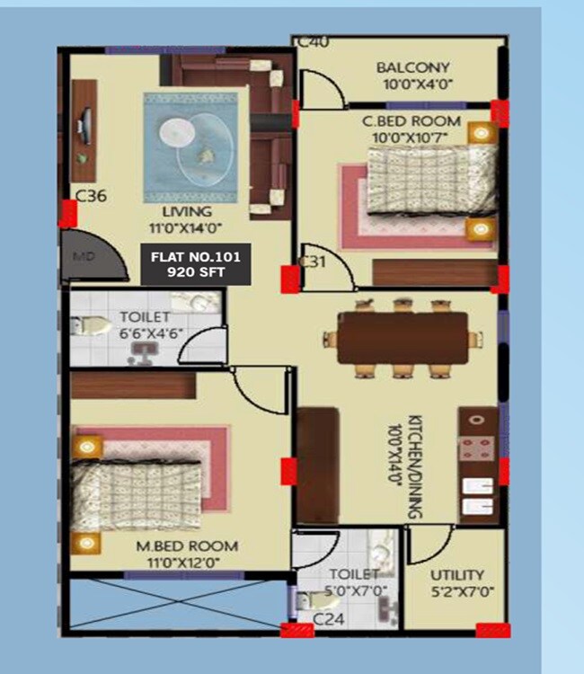 Floor plan of 2 BHK 920 Sq. Ft. Apartment in Manjunatha Classic, Bangalore