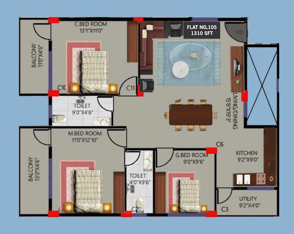 Floor plan of 3 BHK 1310 Sq. Ft. Apartment in Manjunatha Classic, Bangalore