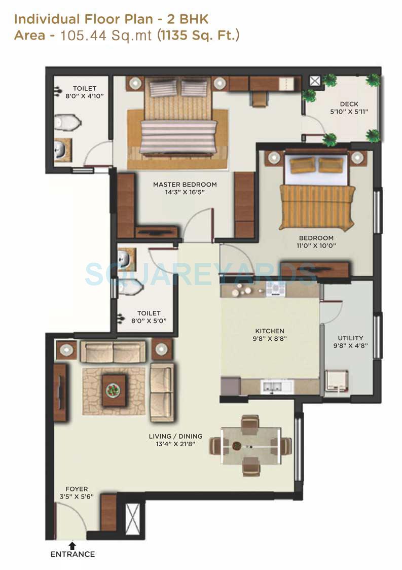 Floor plan of 2 BHK 1135 Sq. Ft. Apartment in Mantri Alpyne, Bangalore