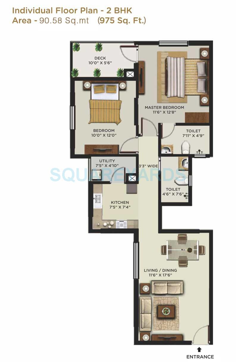Floor plan of 2 BHK 975 Sq. Ft. Apartment in Mantri Alpyne, Bangalore