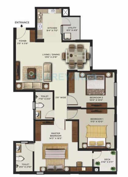 Floor plan of 3 BHK 1870 Sq. Ft. Apartment in Mantri Alpyne, Bangalore