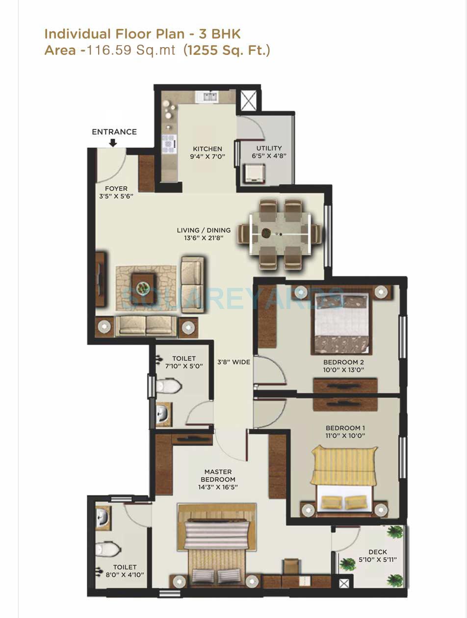 Floor plan of 3 BHK 1255 Sq. Ft. Apartment in Mantri Alpyne, Bangalore