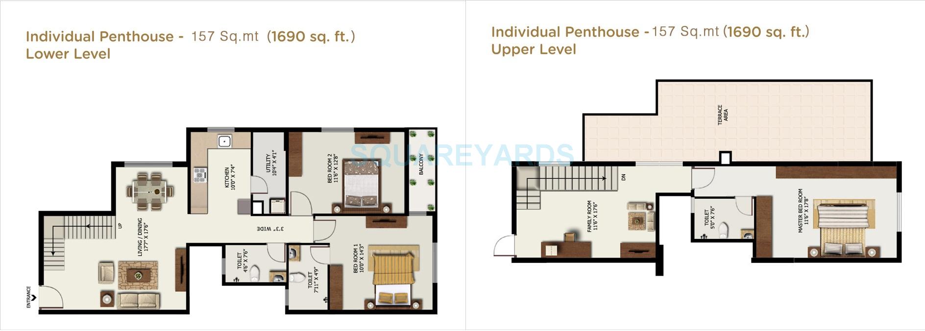 Floor plan of 3 BHK 1700 Sq. Ft. Penthouse in Mantri Alpyne, Bangalore