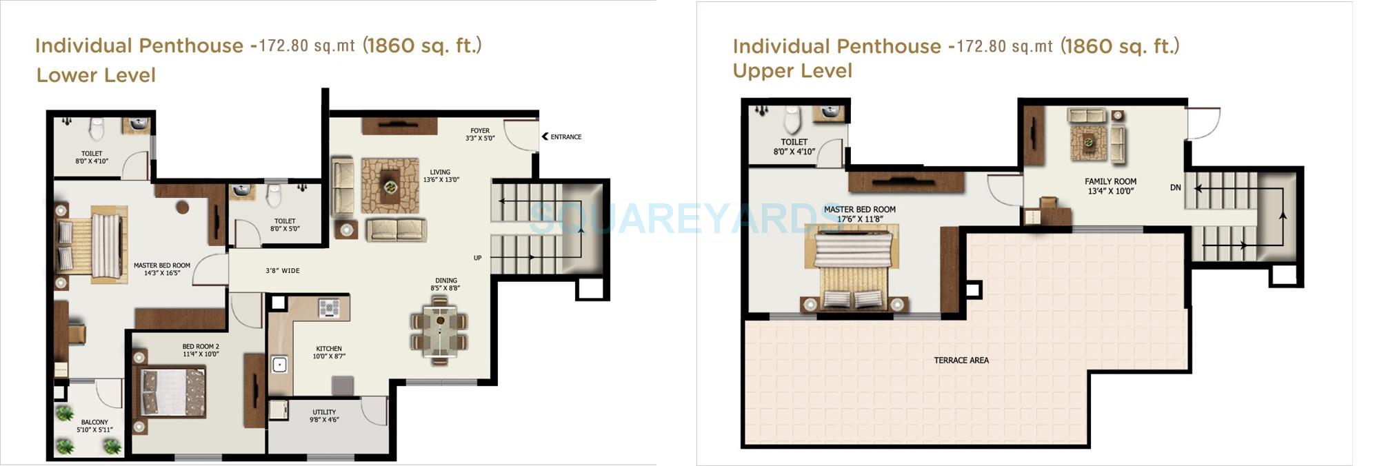 Floor plan of 3 BHK 1860 Sq. Ft. Penthouse in Mantri Alpyne, Bangalore