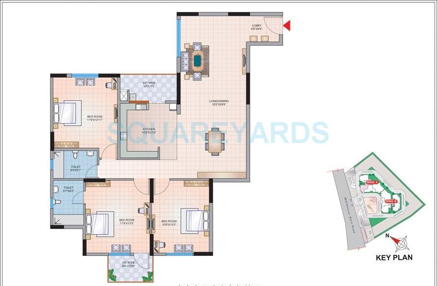 Floor plan of 3 BHK 1484 Sq. Ft. Apartment in Mantri Astra, Bangalore