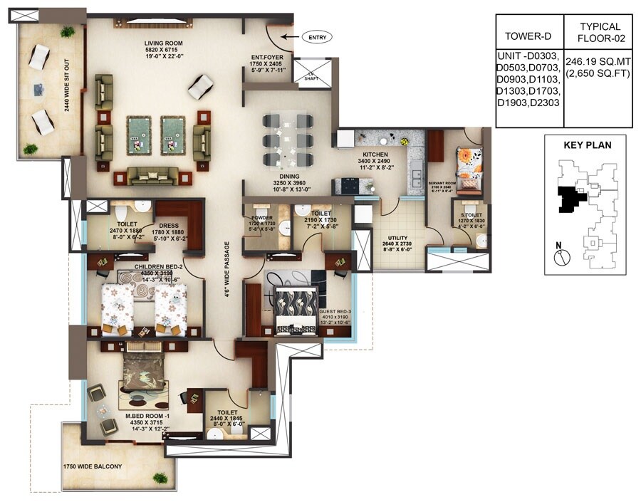 Floor plan of 3 BHK 2650 Sq. Ft. Apartment in Mantri Blossom, Bangalore