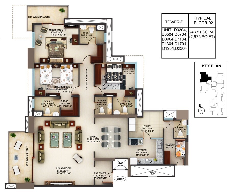 Floor plan of 3 BHK 2675 Sq. Ft. Apartment in Mantri Blossom, Bangalore