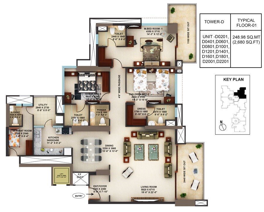 Floor plan of 3 BHK 2680 Sq. Ft. Apartment in Mantri Blossom, Bangalore