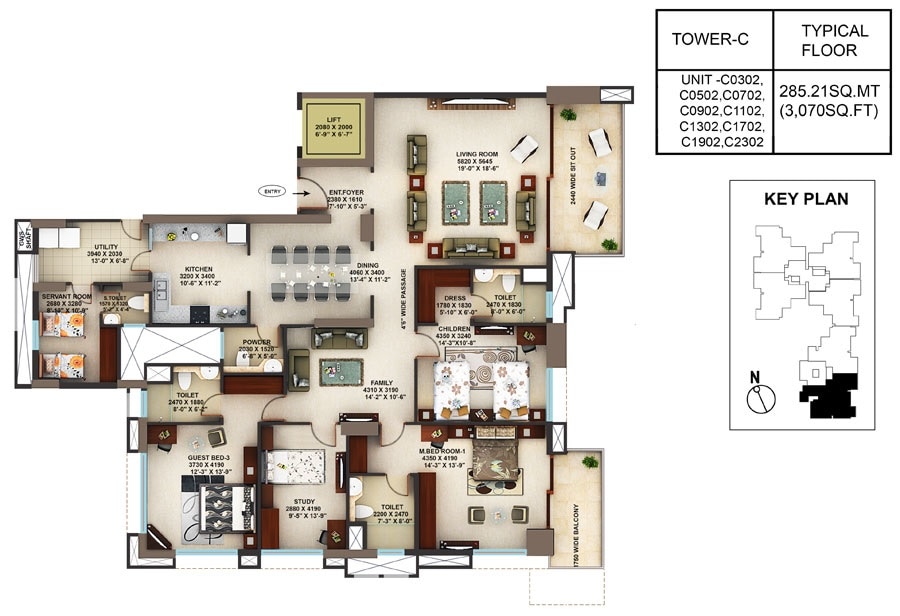 Floor plan of 4 BHK 3070 Sq. Ft. Apartment in Mantri Blossom, Bangalore
