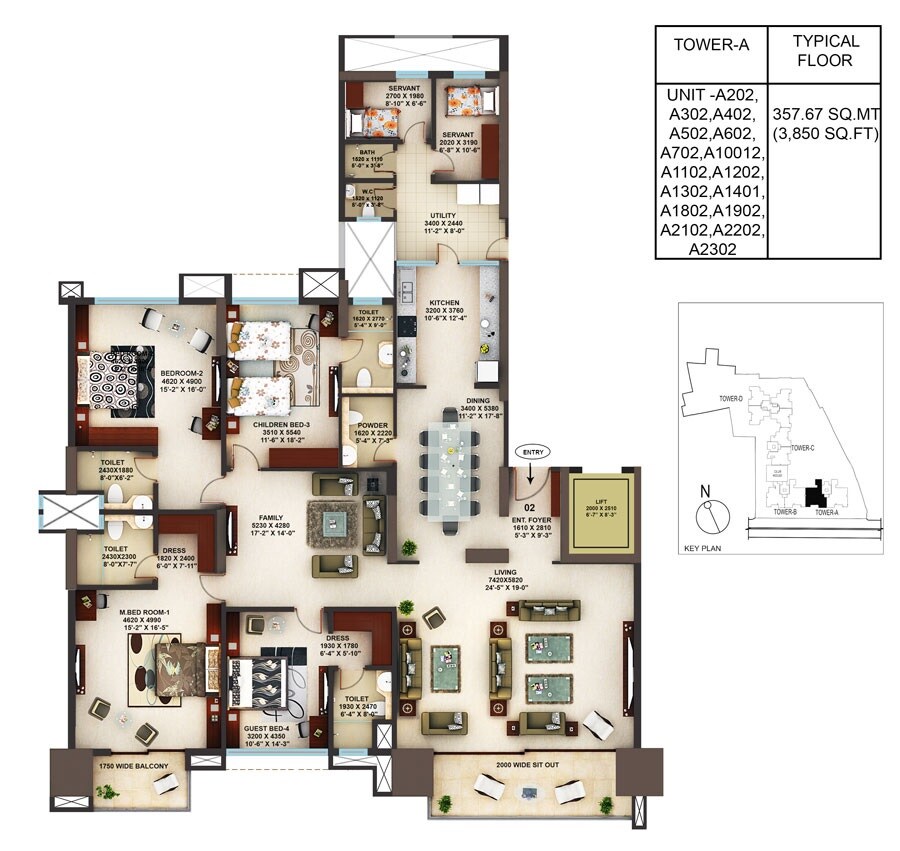 Floor plan of 4 BHK 3850 Sq. Ft. Apartment in Mantri Blossom, Bangalore