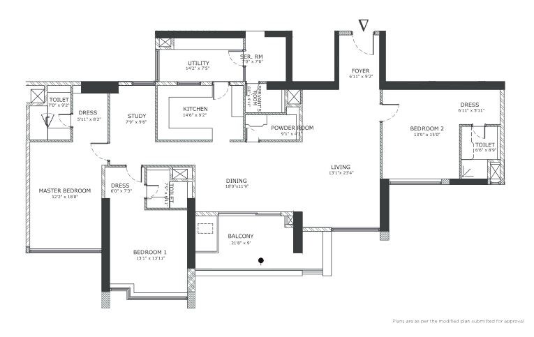Floor plan of 3 BHK 3195 Sq. Ft. Apartment in Mantri Centrium, Bangalore