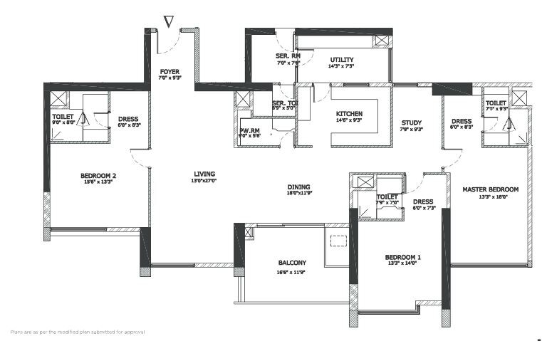 Floor plan of 3 BHK 3295 Sq. Ft. Apartment in Mantri Centrium, Bangalore