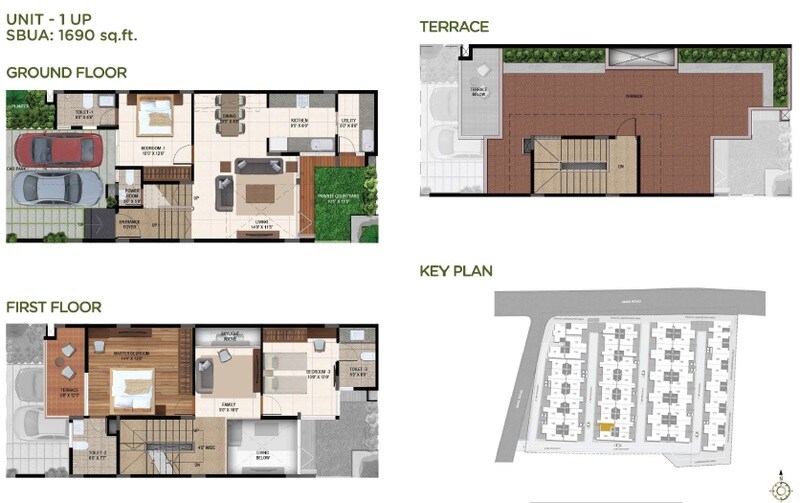 Floor plan of 3 BHK 1690 Sq. Ft. Row House in Mantri Courtyard Phase 4, Bangalore