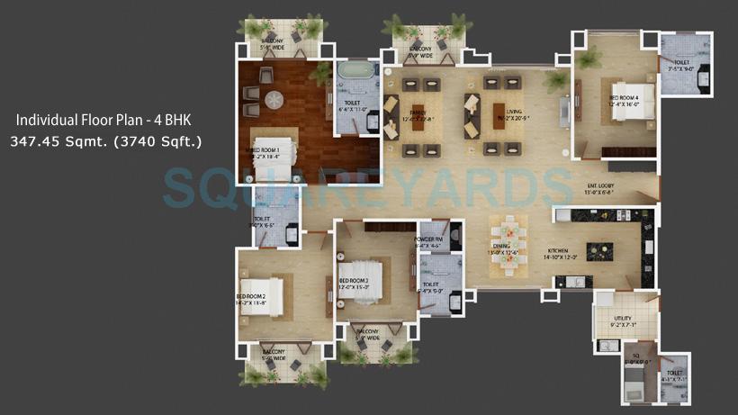 Floor plan of 4 BHK 3740 Sq. Ft. Apartment in Mantri Espana, Bangalore