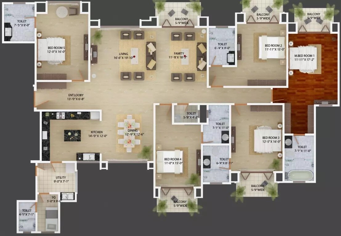 Floor plan of 5 BHK 5965 Sq. Ft. Apartment in Mantri Espana, Bangalore