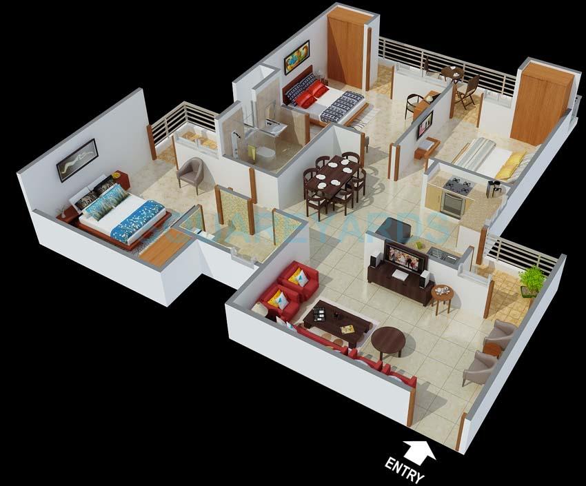 Floor plan of 3 BHK 1805 Sq. Ft. Apartment in Mantri Gardens, Bangalore
