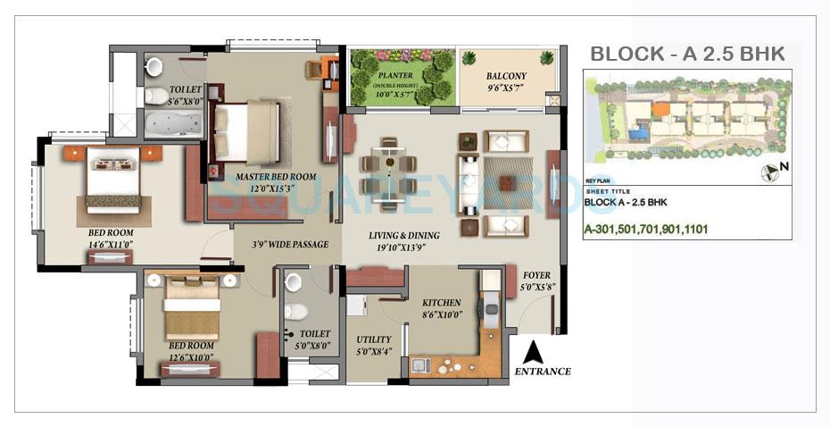 Floor plan of 3 BHK 1460 Sq. Ft. Apartment in Mantri Glades, Bangalore
