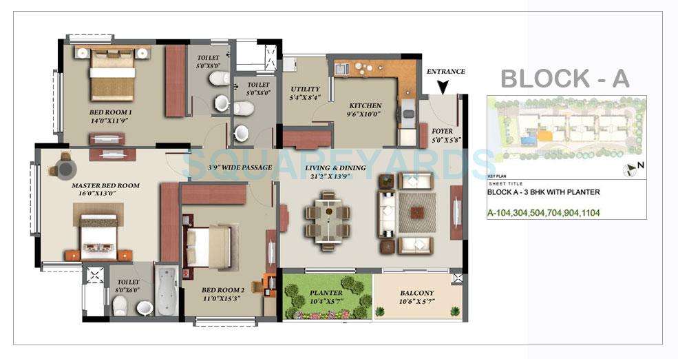 Floor plan of 3 BHK 1680 Sq. Ft. Apartment in Mantri Glades, Bangalore