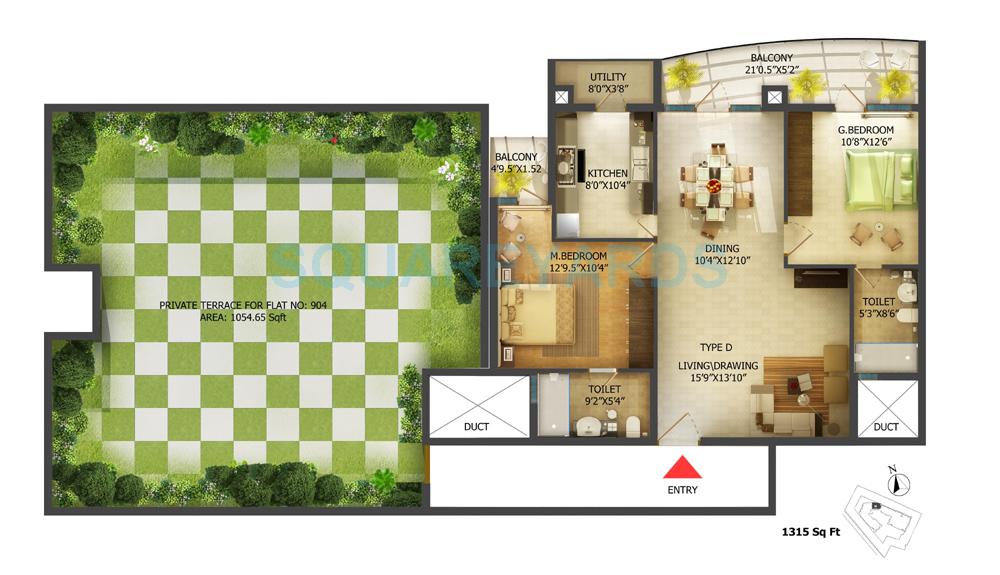 Floor plan of 2 BHK 1315 Sq. Ft. Apartment in Mantri Global Heights, Bangalore