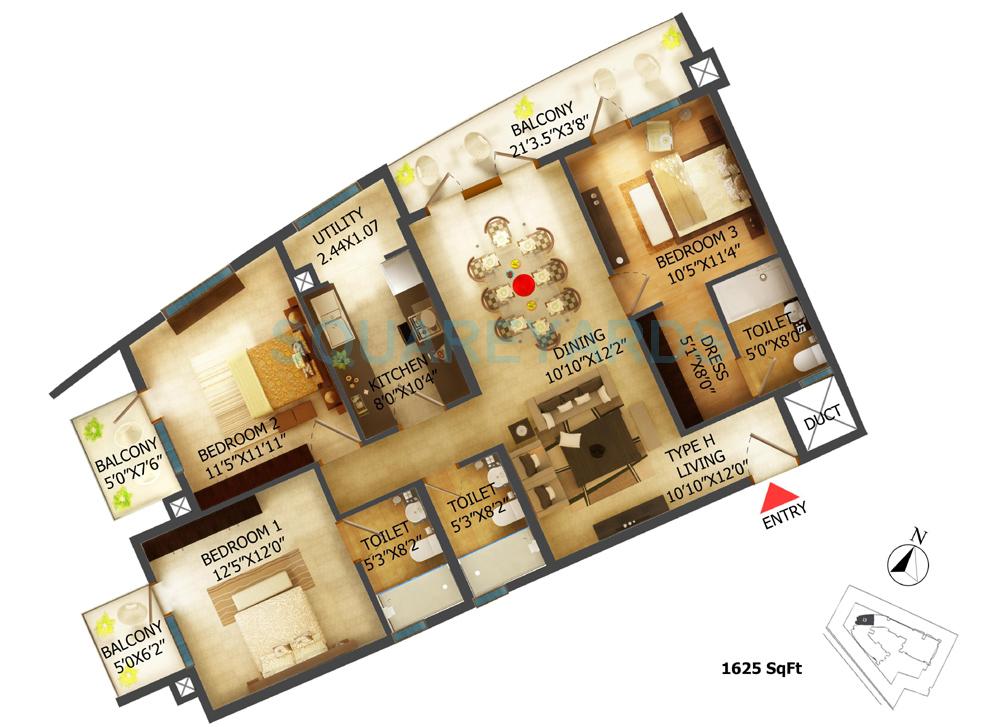 3 BHK 1625 Sq. Ft. Apartment