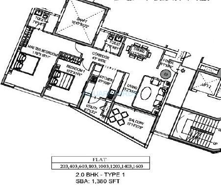 Floor plan of 2 BHK 1380 Sq. Ft. Apartment in Mantri Lithos, Bangalore