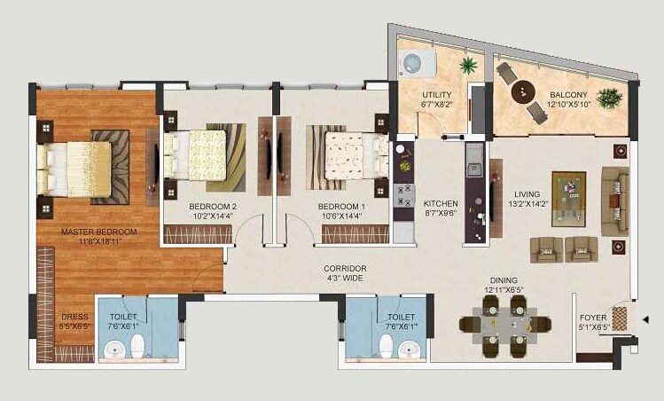 Floor plan of 3 BHK 1740 Sq. Ft. Apartment in Mantri Lithos, Bangalore