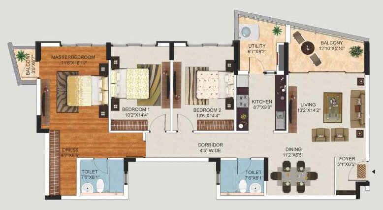 Floor plan of 3 BHK 1760 Sq. Ft. Apartment in Mantri Lithos, Bangalore