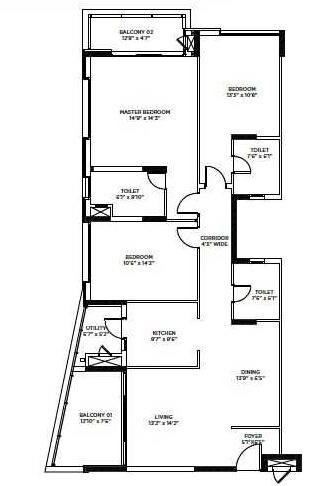 Floor plan of 3 BHK 1675 Sq. Ft. Apartment in Mantri Lithos, Bangalore
