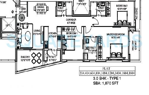 Floor plan of 3 BHK 1875 Sq. Ft. Apartment in Mantri Lithos, Bangalore