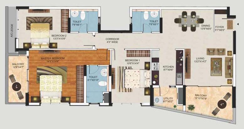Floor plan of 3 BHK 1920 Sq. Ft. Apartment in Mantri Lithos, Bangalore