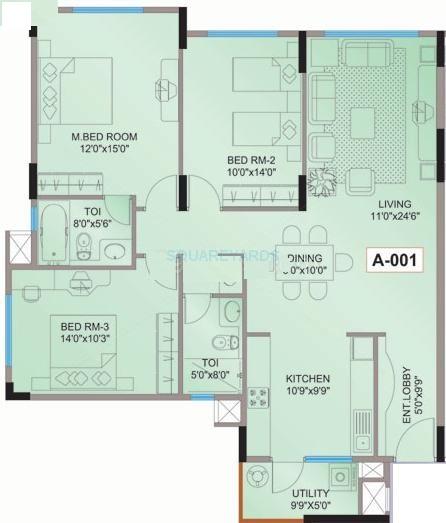 Floor plan of 3 BHK 1395 Sq. Ft. Apartment in Mantri Flora, Bangalore