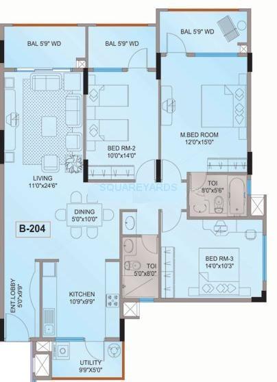 Floor plan of 3 BHK 1615 Sq. Ft. Apartment in Mantri Flora, Bangalore