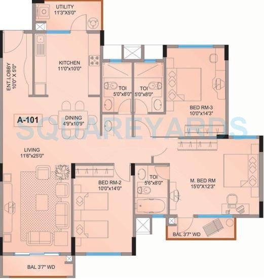 Floor plan of 3 BHK 1630 Sq. Ft. Apartment in Mantri Flora, Bangalore
