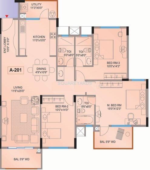 Floor plan of 3 BHK 1695 Sq. Ft. Apartment in Mantri Flora, Bangalore
