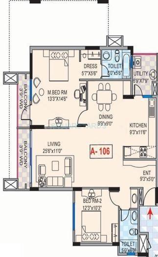 Floor plan of 2 BHK 1370 Sq. Ft. Apartment in Mantri Greens, Bangalore